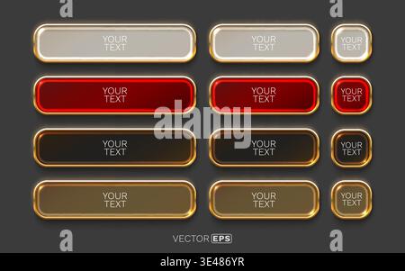 A collection of elegant glossy metallic buttons with golden frames, perfect as UI elements. Vector illustration Stock Vector