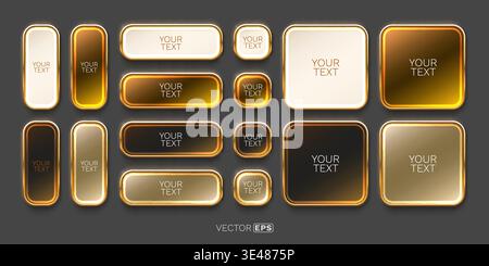 Luxurious glowing gold frames and buttons set, featuring elegant rounded shapes for premium UI design. Vector illustration. Stock Vector