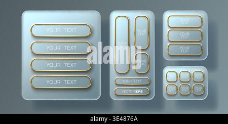 Modern glassmorphism UI elements with frosted buttons and golden outlines, perfect for web and app design. Vector illustration Stock Vector