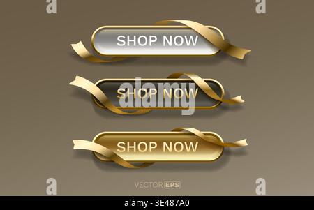 Elegant Shop Now buttons with golden ribbons, ideal for e-commerce, sales, and marketing promotions. Vector illustration Stock Vector