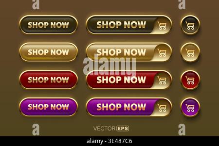 Premium Shop Now call to action buttons with golden borders, perfect for e-commerce and web design. Vector illustration. Stock Vector