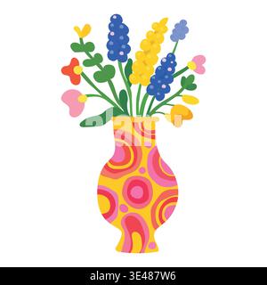 Yellow and pink patterned dopamine vase with bright spring flowers flat Stock Vector