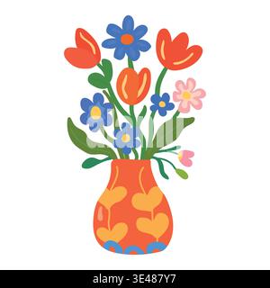 Orange patterned dopamine vase with bright spring flowers art Stock Vector