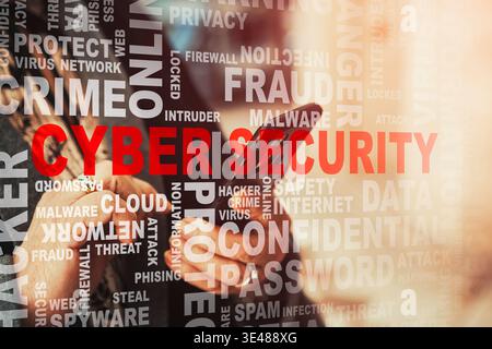 Senior woman using smartphone with cloud overlay of cyber security, fraud and malware interface. Online threats, digital safety, and cybersecurity. Stock Photo