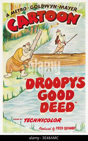 This vintage one-sheet film poster from 1951 advertises Metro-Goldwyn-Mayer's animated short "Droopy's Good Deed." The illustration, produced by Fred Quimby and colored by Technicolor, features the iconic character Droopy on a log crossing a river, while a bulldog character saws through the log from the other side. Stock Photo
