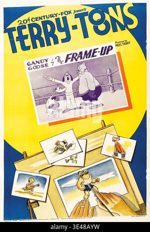 This vibrant 1939 cartoon movie poster for "Terry-Toons" presents "Gandy Goose in The Frame-Up," produced by Paul Terry, and distributed by 20th Century-Fox. The dynamic illustration showcases a scene from the animation along with various character sketches, emphasizing the creative process of cartoon production. Stock Photo