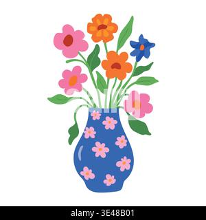 Blue patterned vase with bright spring flowers flat art vector Stock Vector