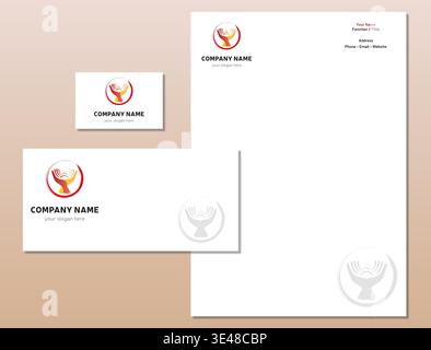 Hands in Circle Logo Brand Identity Template – Corporate Stationery & Business Card Vector Design Stock Vector