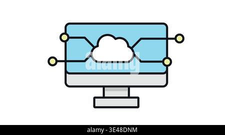 Cloud computing concept icon with desktop computer and circuit network on screen Stock Vector