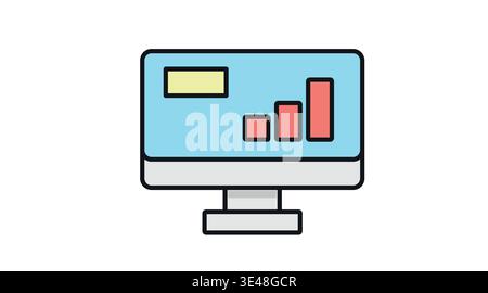 Desktop computer with data analytics charts on screen. Stock Vector