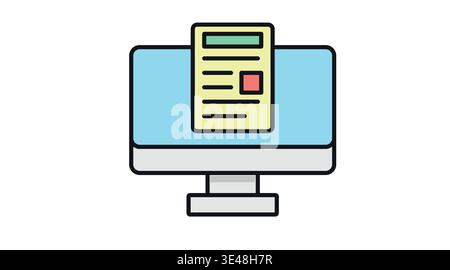 Desktop computer with digital report on screen, flat vector icon in pastel colors. Stock Vector