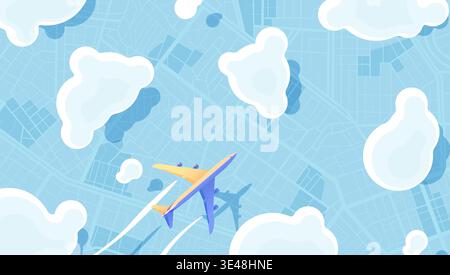 Airplane Flying Over City Map Through Clouds. Air Travel and Navigation Concept. Top-down aerial view of an airplane flying over city map. Vector Stock Vector