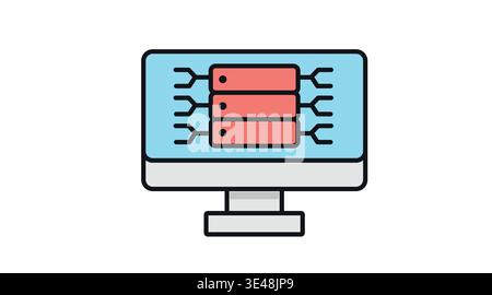 Desktop computer with server rack on screen, flat vector icon in soft colors. Stock Vector
