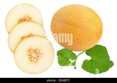 Melon half and slices isolated on white background with full depth of field. Top view. Flat lay Stock Photo