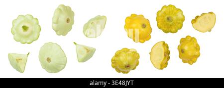 green and yellow pattypan squash isolated on white background. Top view Stock Photo