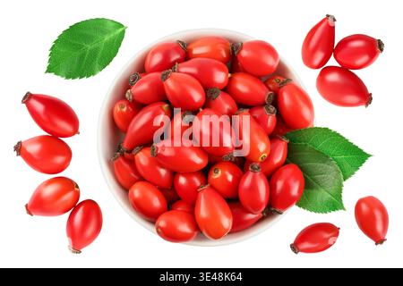 Rose hip in ceramic bowl isolated on a white background with full depth of field. Top view. Flat lay. Stock Photo