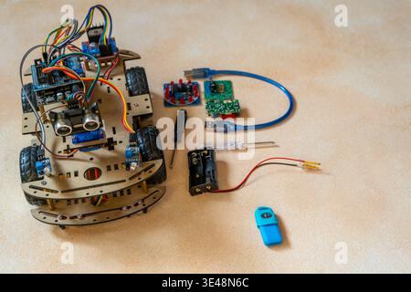 Robot Car components. Educational electronics project for STEM learning and robotics. DIY Stock Photo
