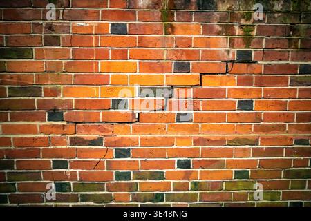 Weathered red British brick wall with dramatic crack texture background Stock Photo