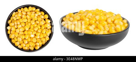 corn seeds in ceramic bowl isolated on white background. Top view. Flat lay Stock Photo