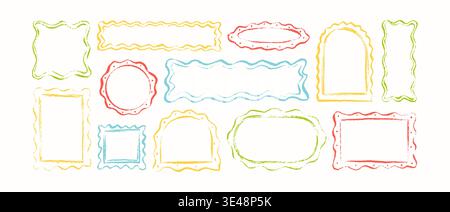 Crayon scribble childish scalloped edge frames set. Hand drawn doodle watercolor wavy, curve, zigzag, undulate kid whimsical borders. Rectangle, circl Stock Vector