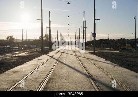 Helsinki 01 January, 2023: Kruunuvuorenranta tram network under construction Stock Photo