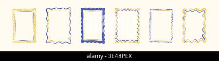 Blue and yellow Mediterranean coastal hand drawn crayon frame set. Scalloped edge, wavy, curve postage stamp boarder. Greece, Italy, Amalfi summer vac Stock Vector