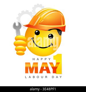 1st of May Labour Day square banner with chat yellow face in construction helmet. May 1st creative congrats with worker emoji holds a wrench. Social Stock Vector