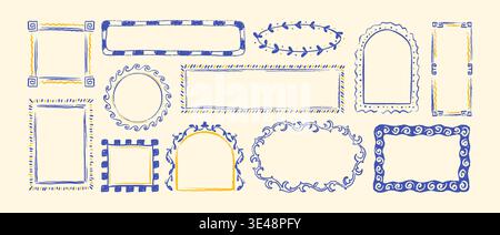 Set of mediterranean hand drawn crayon frames. Italy, Amalfy, Positano La Dolce vita style borders. Greek key pattern, sea wave Poseidon motif, mosaic Stock Vector