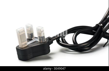 black three pin power plug isolated white background, protective transparent covers on with thick electrical cord, side view Stock Photo