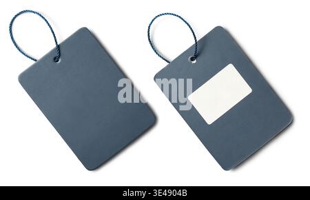 rectangular blank hang tags with blue braided strings isolated white background, mockup template with copy space, top view flat lay Stock Photo