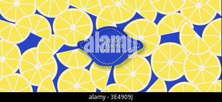 Mediterranean citrus pattern with yellow fruits on blue accents. Summer Italian coast design featuring botanical elements and vintage Amalfi Coast aes Stock Vector