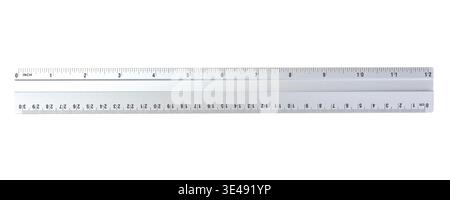 Aluminum ruler on white background, metal metric and inch measuring tool, isolated long straightedge with checkered grid, 30 cm and 12 inch scale Stock Photo