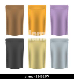 Blank colored retort pouches isolated on white background, vector mockup set. Stand up vacuum food bags, template Stock Vector