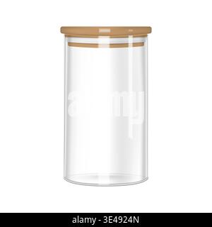 Glass storage jar with airtight seal bamboo lid, vector mock-up. Clear empty food container, realistic illustration Stock Vector