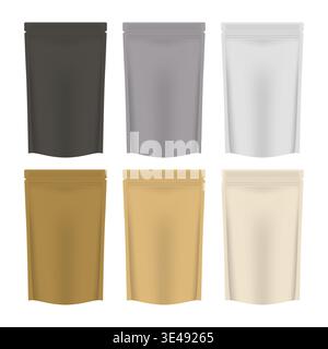Blank retort pouches with zipper, vector mockup set. Stand up vacuum food zip lock bags with tear notches, template Stock Vector