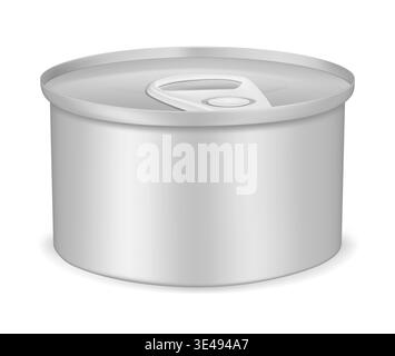 Round tin can with pull tab lid, realistic vector mockup illustration. Canned food metal package, mock-up. Blank aluminum cylinder container, template Stock Vector
