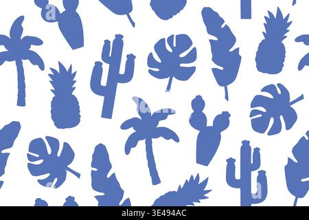 blue seamless summer pattern with palms, cactuses and pineapples; perfect for beach-themed designs and tropical decor- vector illustration Stock Vector