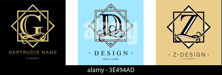 Logo G, D, capital letter Z. Monogram of Botanical in two squares. with Organic Plant Elements. Vector design. Stock Vector