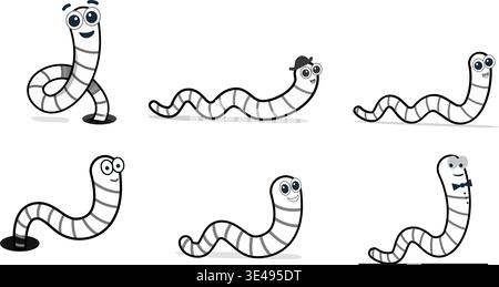 black worm, flat style. Earthworm is a cartoon character. vector Isolated illustration Worm on white background. Stock Vector