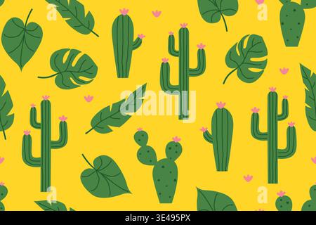 seamless cactus and palm leaves pattern; cute summer botanical background in minimal style- vector illustration Stock Vector