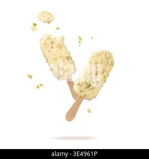 Ice cream covered white chocolate and crushed pistachio nuts on wooden stick flying isolated on white background. Chocolate nuts sweet bitten popsicle Stock Photo