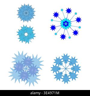 Blue stars set. Winter snowflake Vector. Cold ice symbol. Geometric crystal shapes. Stock Vector