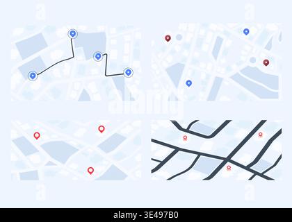 Collection of round city maps in minimal line style. City Maps with Streets, Buildings and Urban Planning. Vector illustration Stock Vector