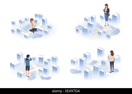 People Using Mobile Navigation Apps in Isometric City Environment with Buildings and Streets. Vector illustration. Set of Business People Analyzing Stock Vector