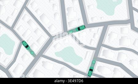 Smart city traffic monitoring. Autonomous Vehicle Navigation Map. Self Driving Car GPS Tracking System. Top down view of city street map vector Stock Vector