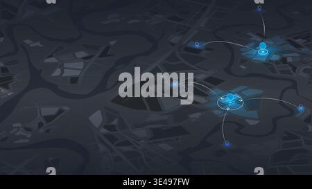 Delivery services in smart city navigation and geolocation system concept. GPS markers and digital location tracking. Dark modern map interface with Stock Vector