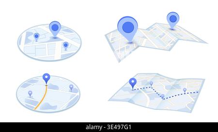 3D Map Navigation and Location Pin. Paper map navigation with location pins. Collection includes both circular and folded map design. Vector Stock Vector