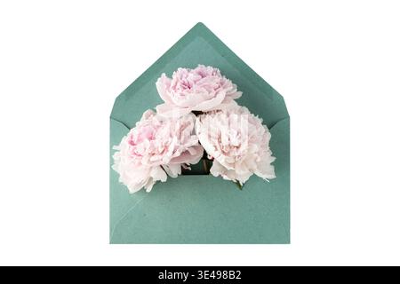Open retro green craft envelope with peony flowers isolated on white background. Element of invitation floral card in vintage style. Mockup birthday g Stock Photo