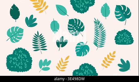 Assorted tropical foliage vector graphic design elements scattered across a pale background illustration. Stock Vector