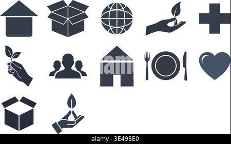 A collection of icons representing humanitarian aid and charity Stock Vector